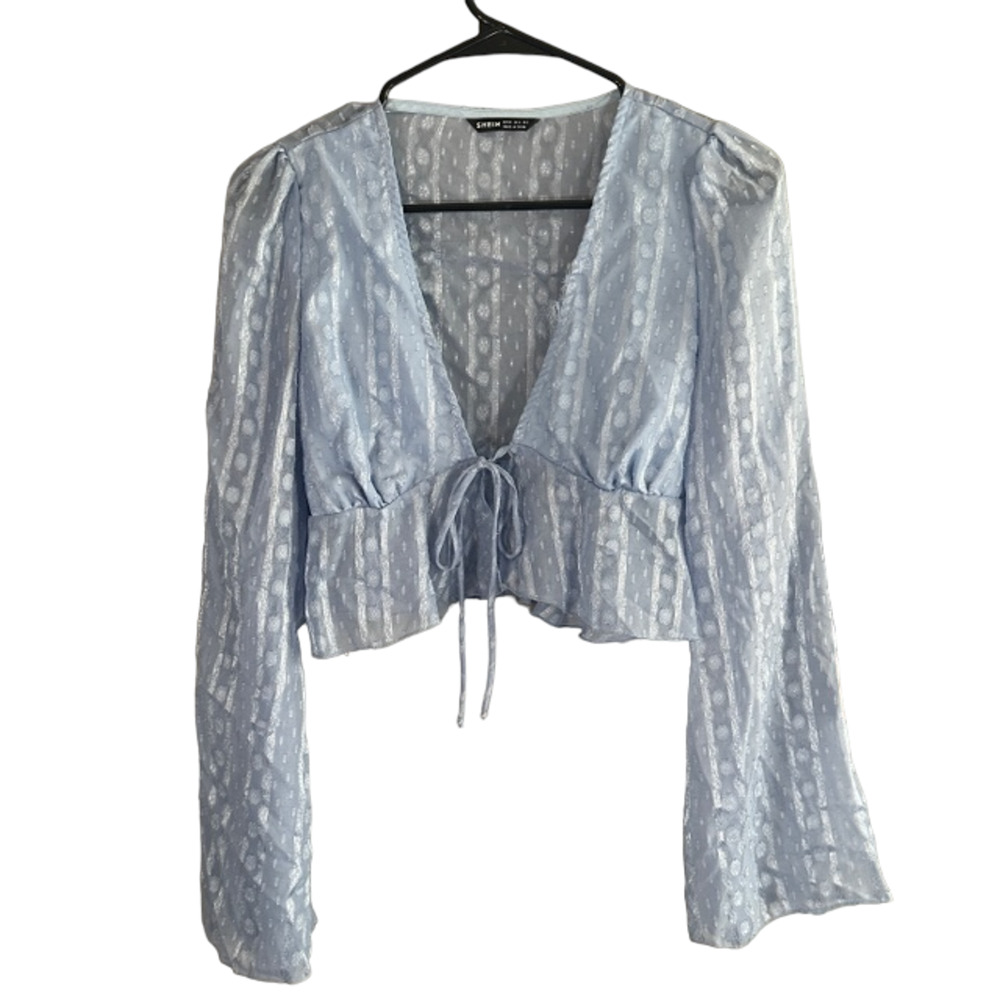 Shein Baby Blue Dot Print Long Sleeve Tie Front Cropped Jacket Women Sz XS